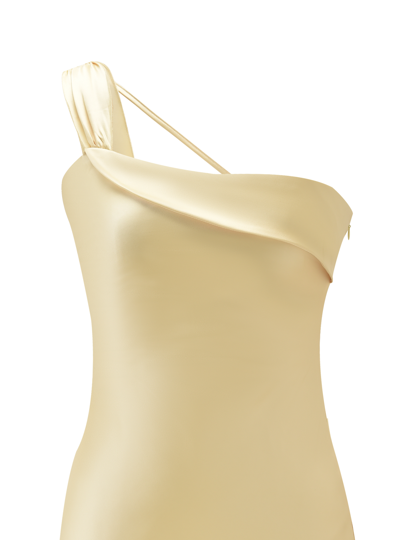A close-up of the TIGERMIST RAINEY MINI DRESS in Butter, a one-shoulder satin dress with a draped neckline, asymmetric strap, and subtle waterfall ruffle detail, displayed on a plain white background.
