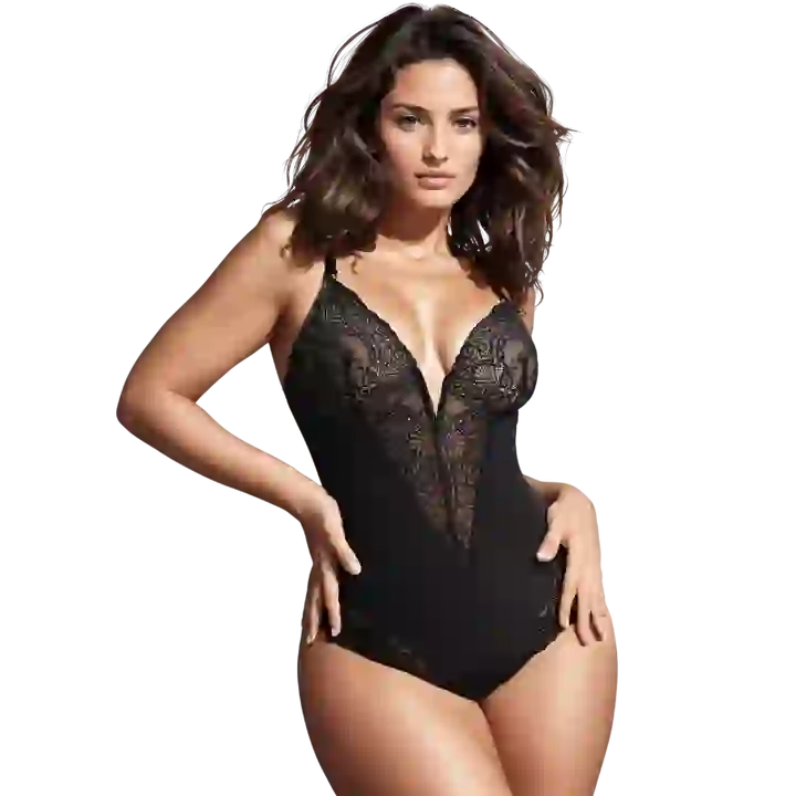 Deep V Neck Lace Thong Bodysuit for Women