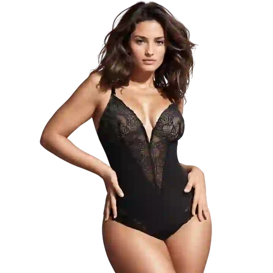 Deep V Neck Lace Thong Bodysuit for Women
