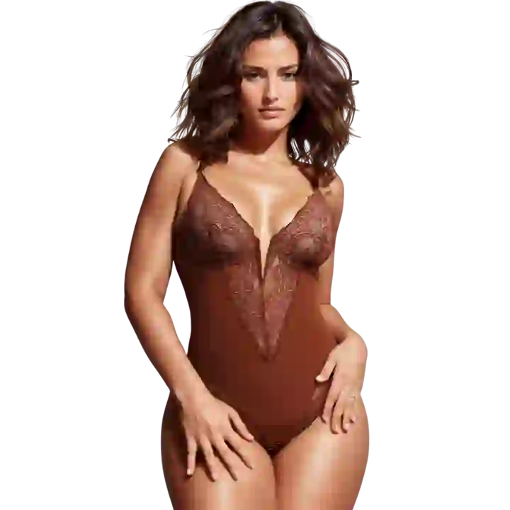 Deep V Neck Lace Thong Bodysuit for Women