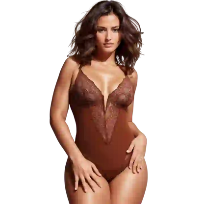 Deep V Neck Lace Thong Bodysuit for Women