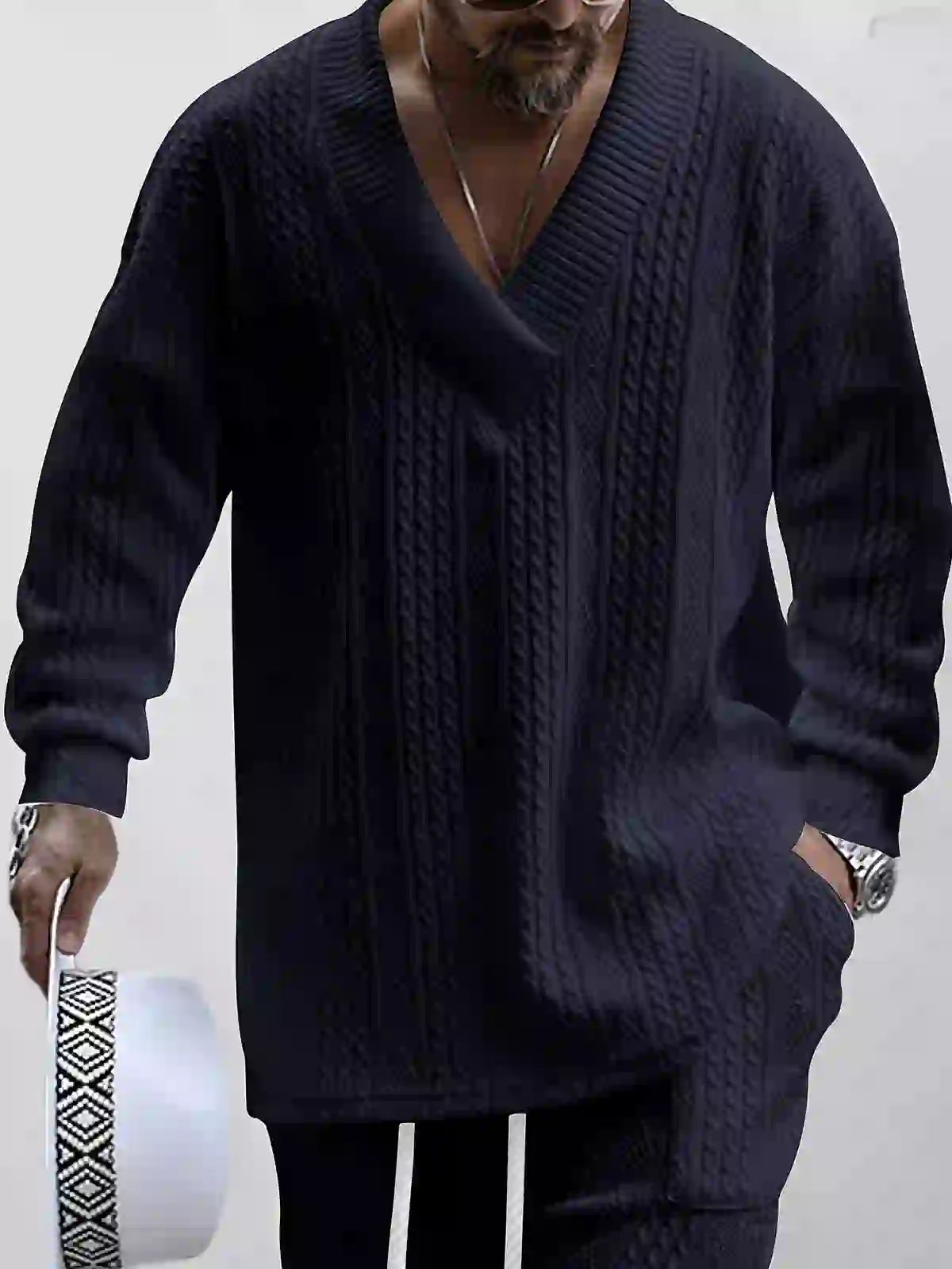 Mens Cable Knit Lounge Set Cozy V Neck Outfit