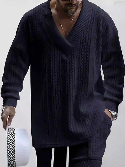 Mens Cable Knit Lounge Set Cozy V Neck Outfit