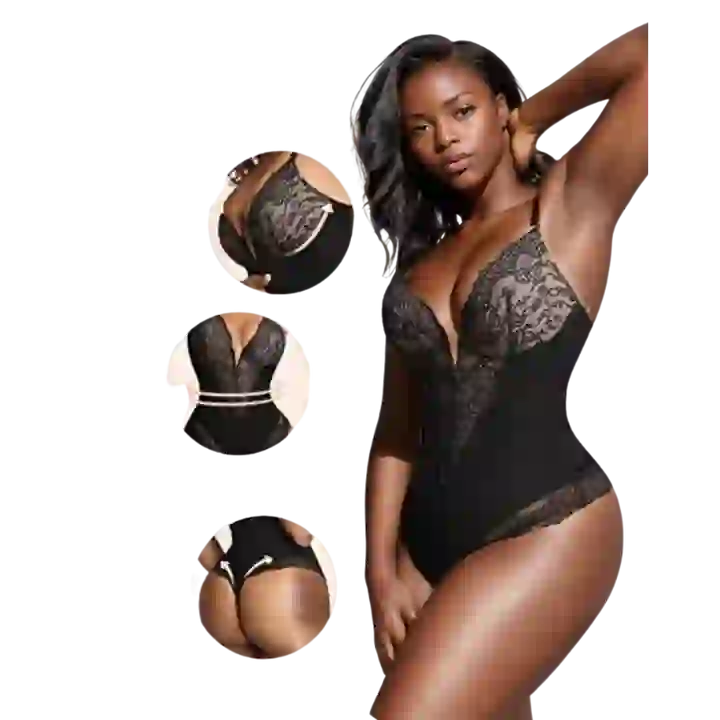 Deep V Neck Lace Thong Bodysuit for Women