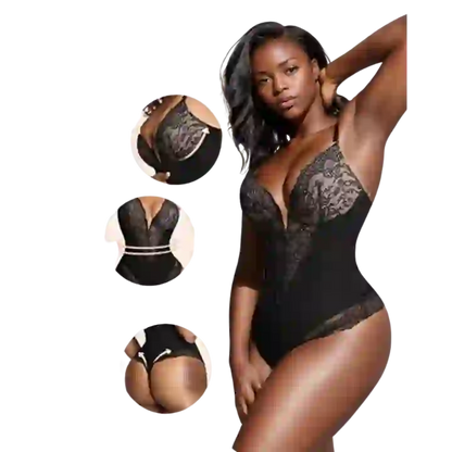 Deep V Neck Lace Thong Bodysuit for Women