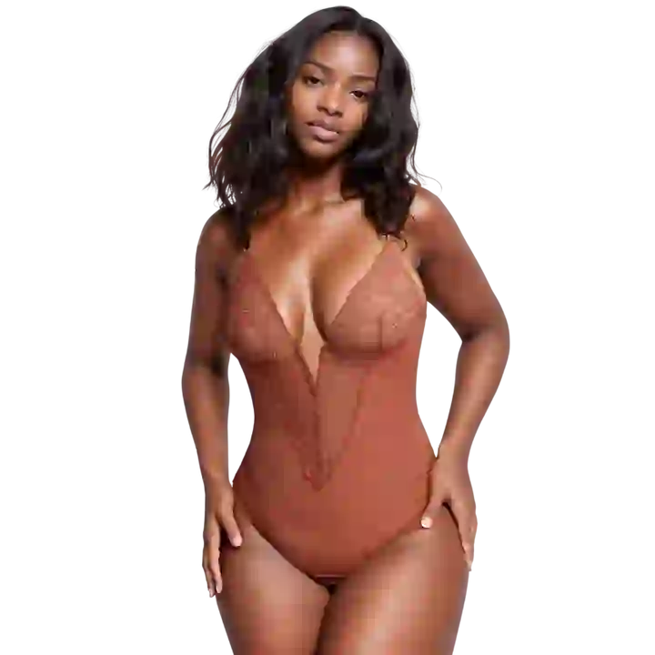 Deep V Neck Lace Thong Bodysuit for Women