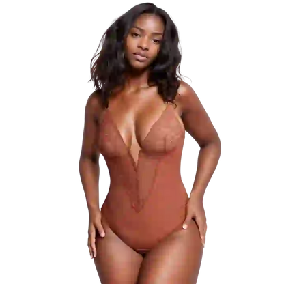 Deep V Neck Lace Thong Bodysuit for Women