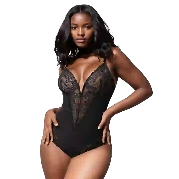 Deep V Neck Lace Thong Bodysuit for Women