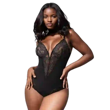 Deep V Neck Lace Thong Bodysuit for Women
