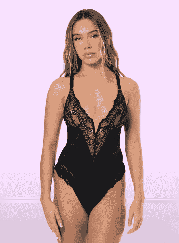 Deep V Neck Lace Thong Bodysuit for Women