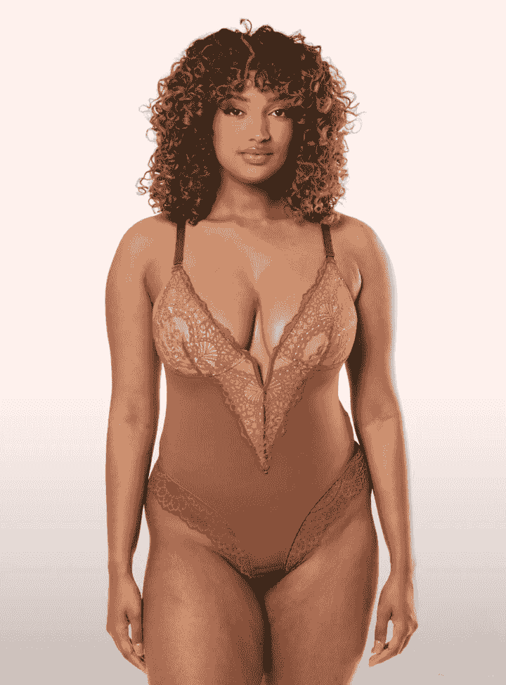 Deep V Neck Lace Thong Bodysuit for Women