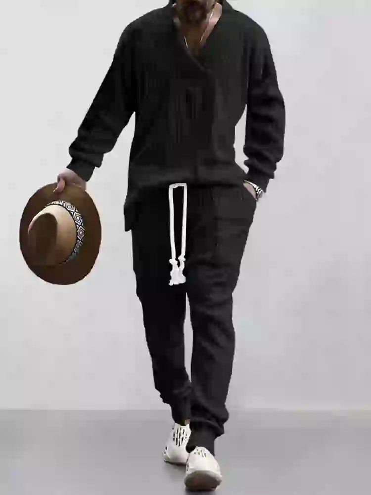 Mens Cable Knit Lounge Set Cozy V Neck Outfit