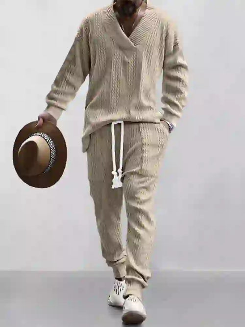 Mens Cable Knit Lounge Set Cozy V Neck Outfit