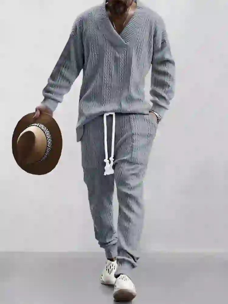 Mens Cable Knit Lounge Set Cozy V Neck Outfit