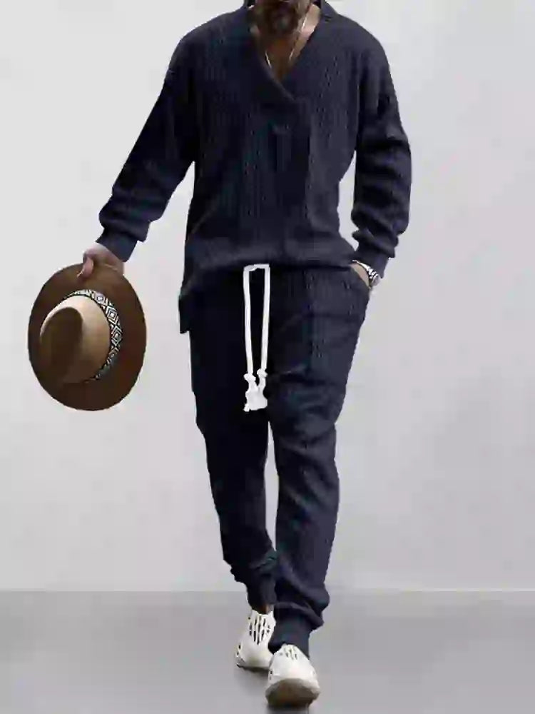 Mens Cable Knit Lounge Set Cozy V Neck Outfit