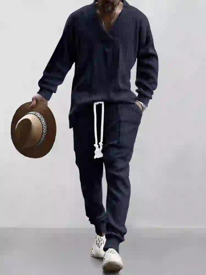 Mens Cable Knit Lounge Set Cozy V Neck Outfit