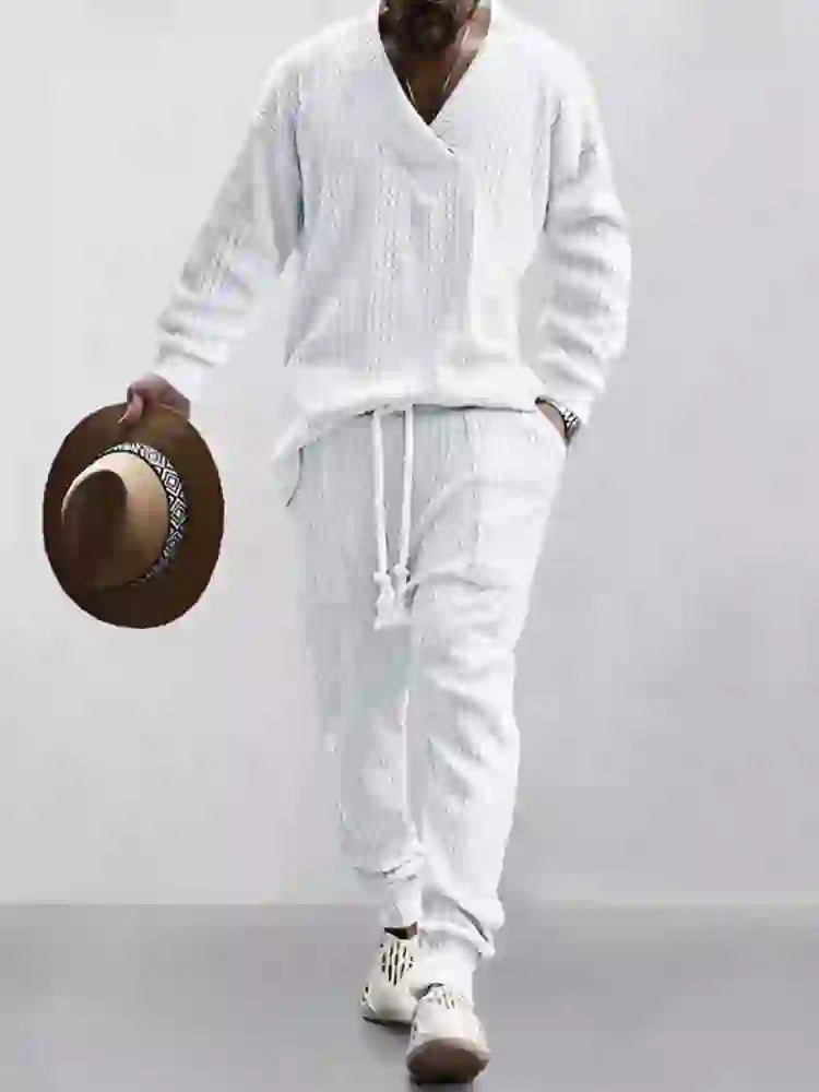 Mens Cable Knit Lounge Set Cozy V Neck Outfit