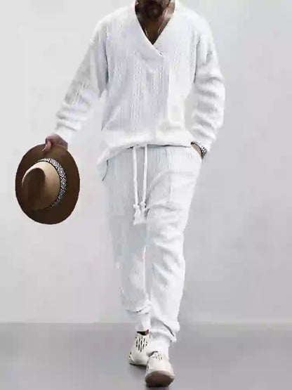 Mens Cable Knit Lounge Set Cozy V Neck Outfit