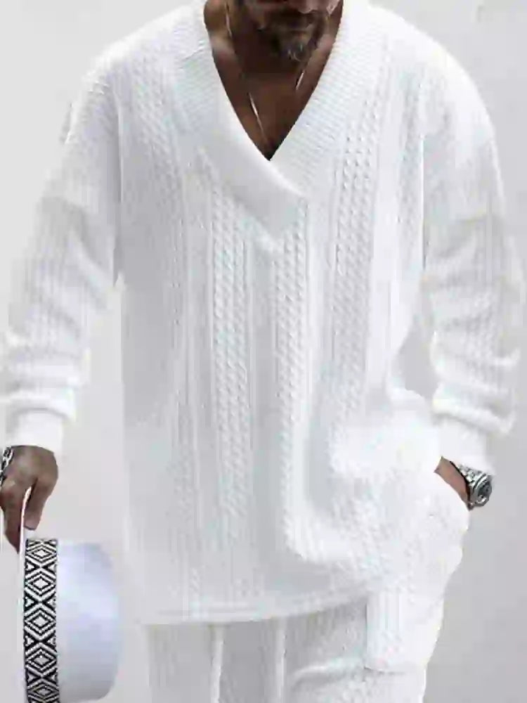 Mens Cable Knit Lounge Set Cozy V Neck Outfit