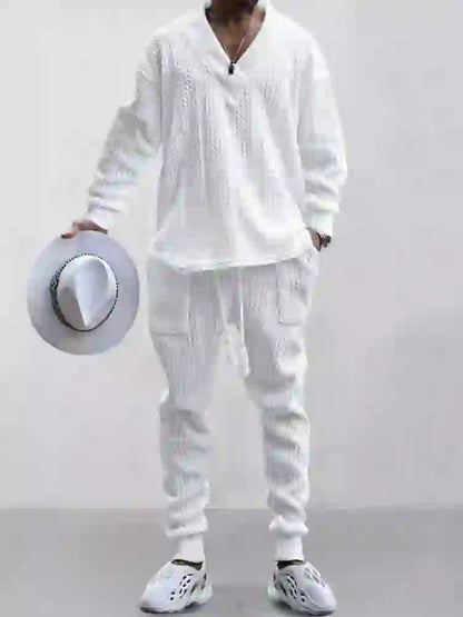 Mens Cable Knit Lounge Set Cozy V Neck Outfit