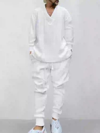 Mens Cable Knit Lounge Set Cozy V Neck Outfit
