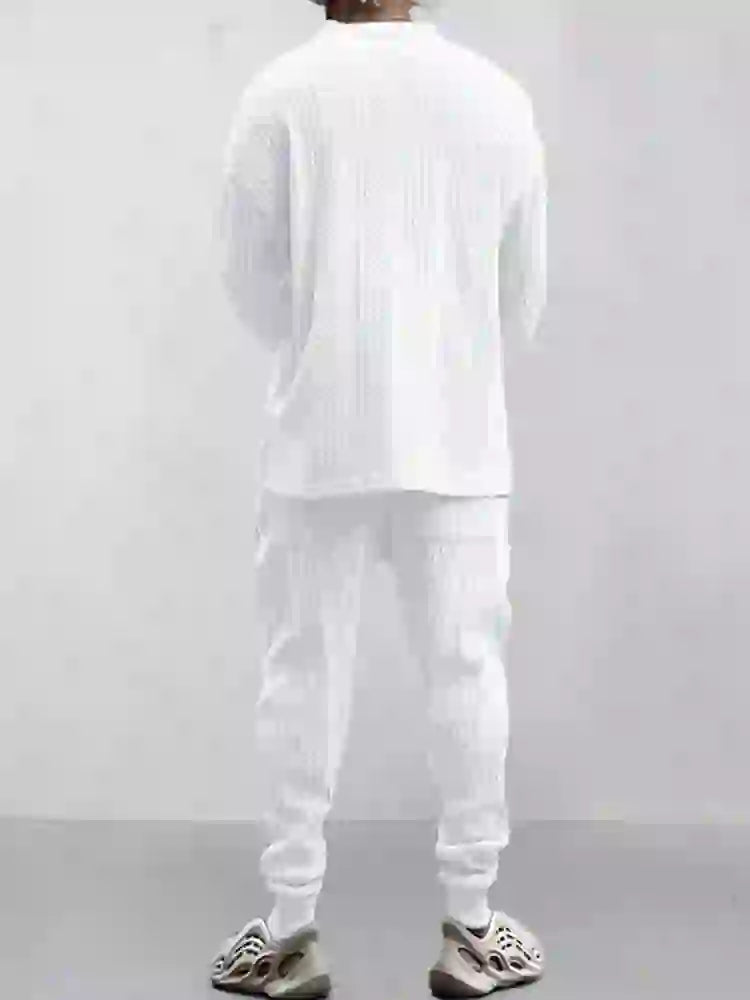 Mens Cable Knit Lounge Set Cozy V Neck Outfit