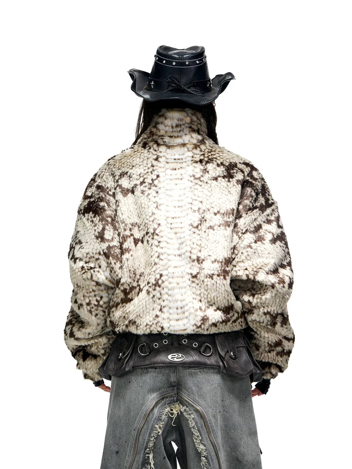 Personsoul Snake Print Faux Fur Jacket