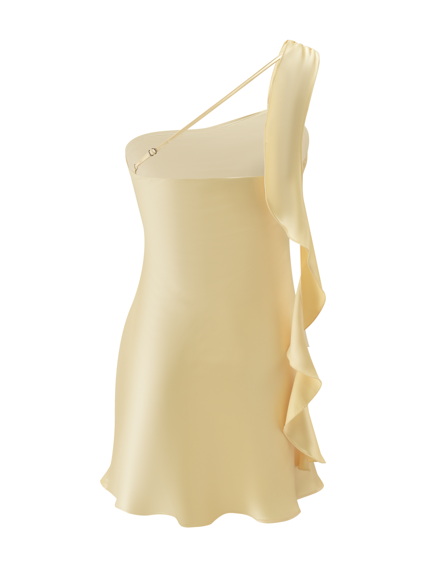 The RAINEY MINI DRESS - BUTTER by TIGERMIST is a pale yellow satin mini dress with an asymmetrical one-shoulder design, dramatic side waterfall ruffle, and a curve-flattering fitted silhouette.