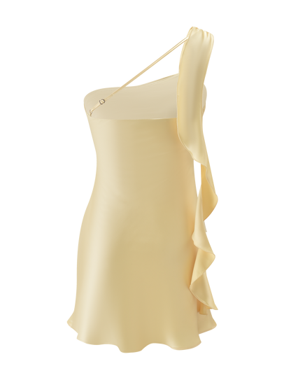 The RAINEY MINI DRESS - BUTTER by TIGERMIST is a pale yellow satin mini dress with an asymmetrical one-shoulder design, dramatic side waterfall ruffle, and a curve-flattering fitted silhouette.