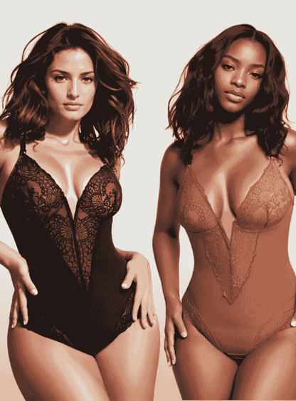 Deep V Neck Lace Thong Bodysuit for Women